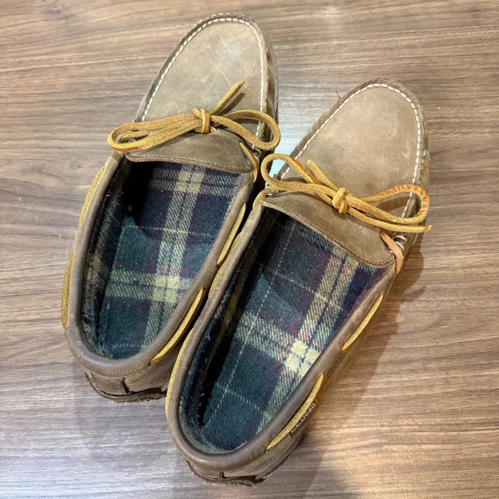 LL Bean Moccasin Slippers Mens 9 Brown Good Flannel Lined Leather 212164